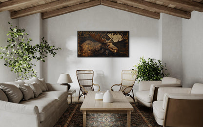 Moose Painted on Dark Wood Framed Canvas Wall Art