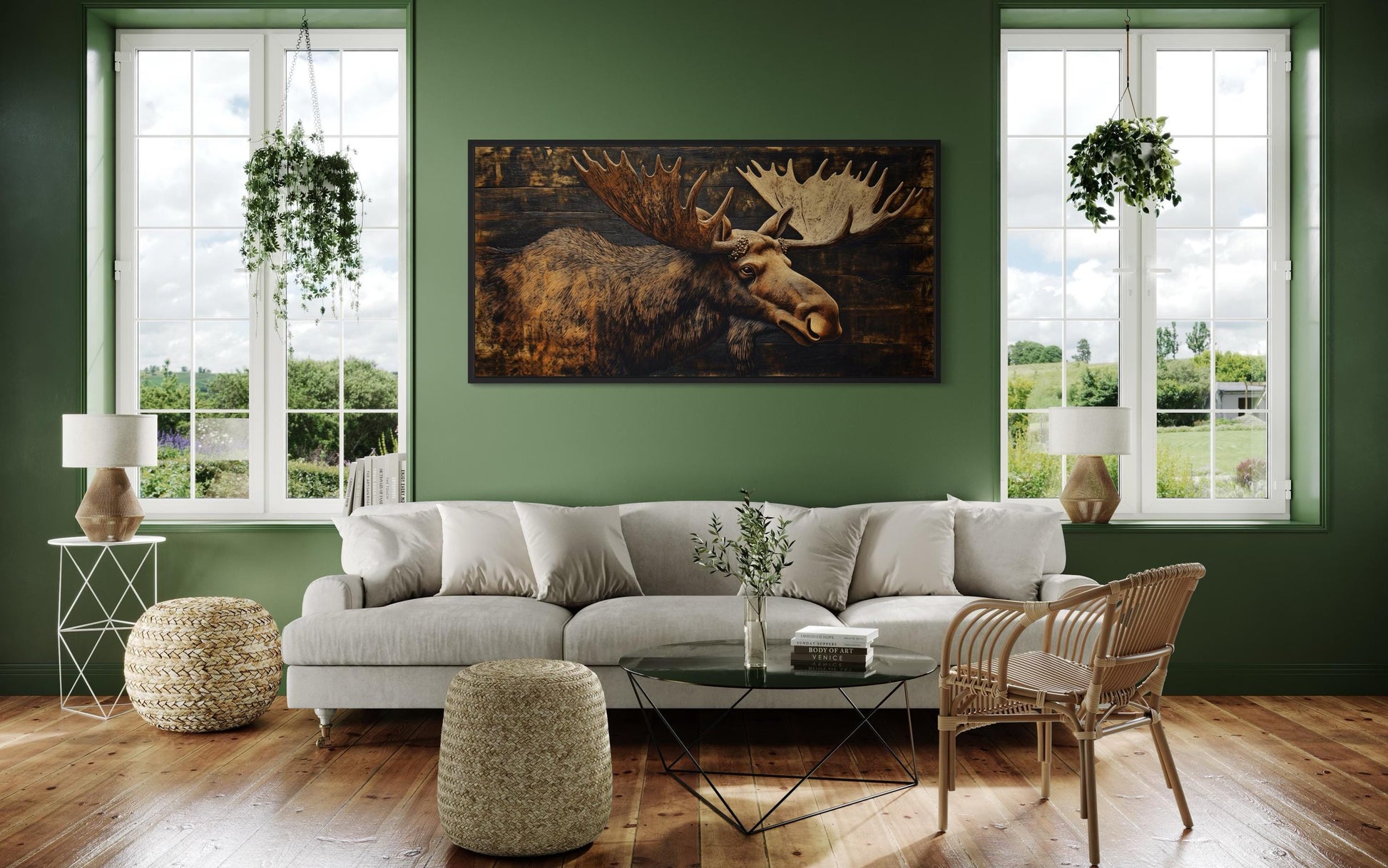 Moose Painted on Dark Wood Framed Canvas Wall Art