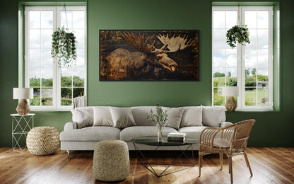 Moose Painted on Dark Wood Framed Canvas Wall Art