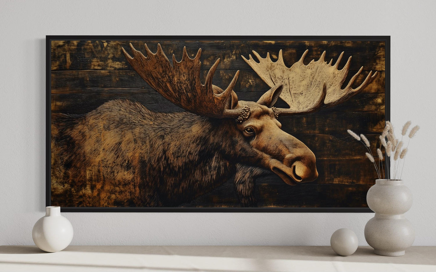 Moose Painted on Dark Wood Framed Canvas Wall Art