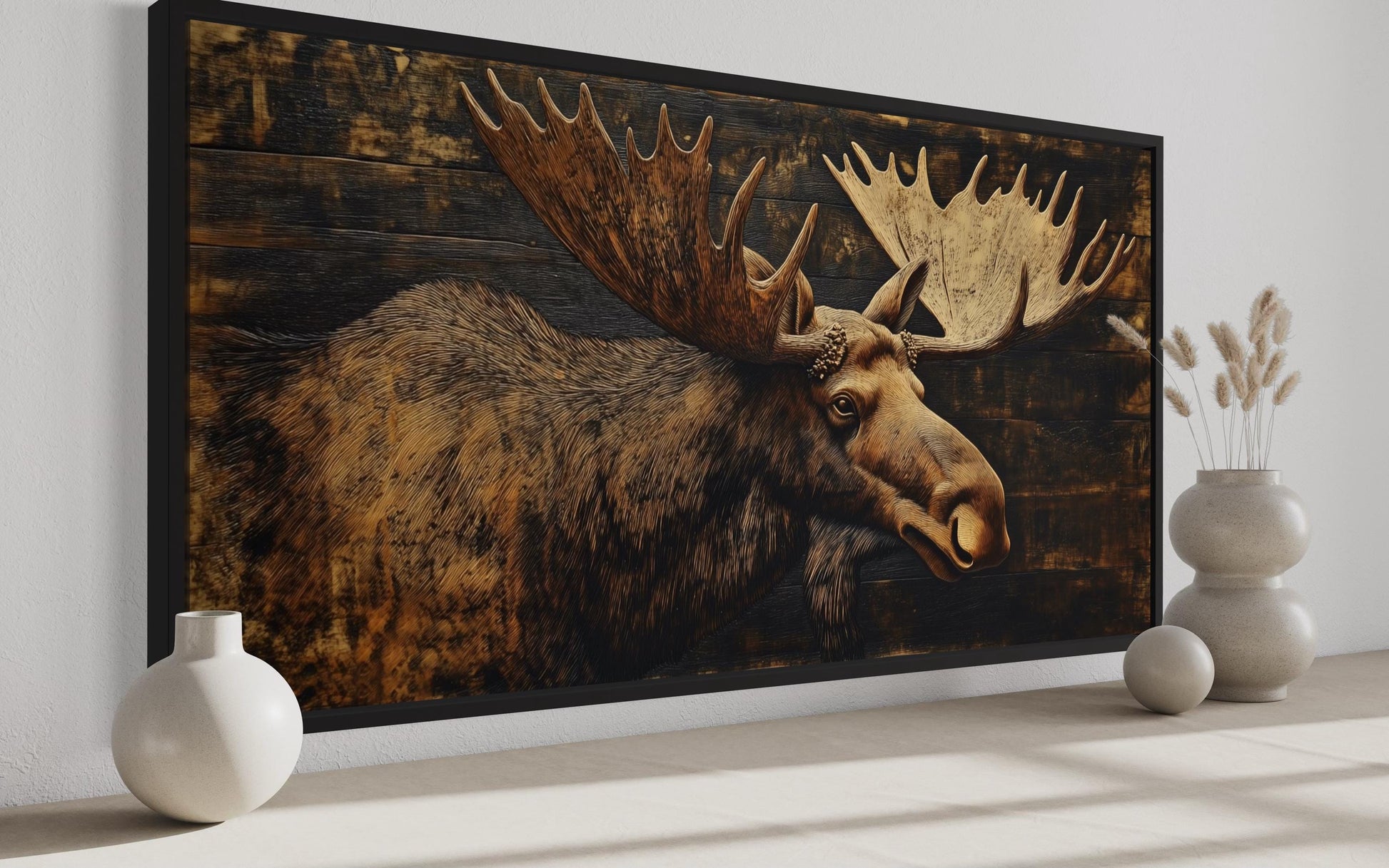 Moose Painted on Dark Wood Framed Canvas Wall Art