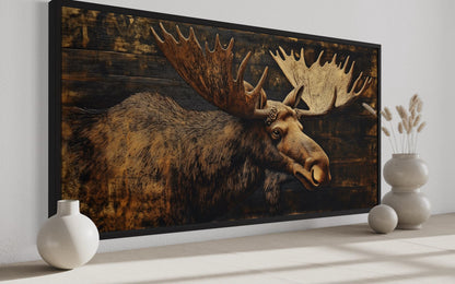Moose Painted on Dark Wood Framed Canvas Wall Art