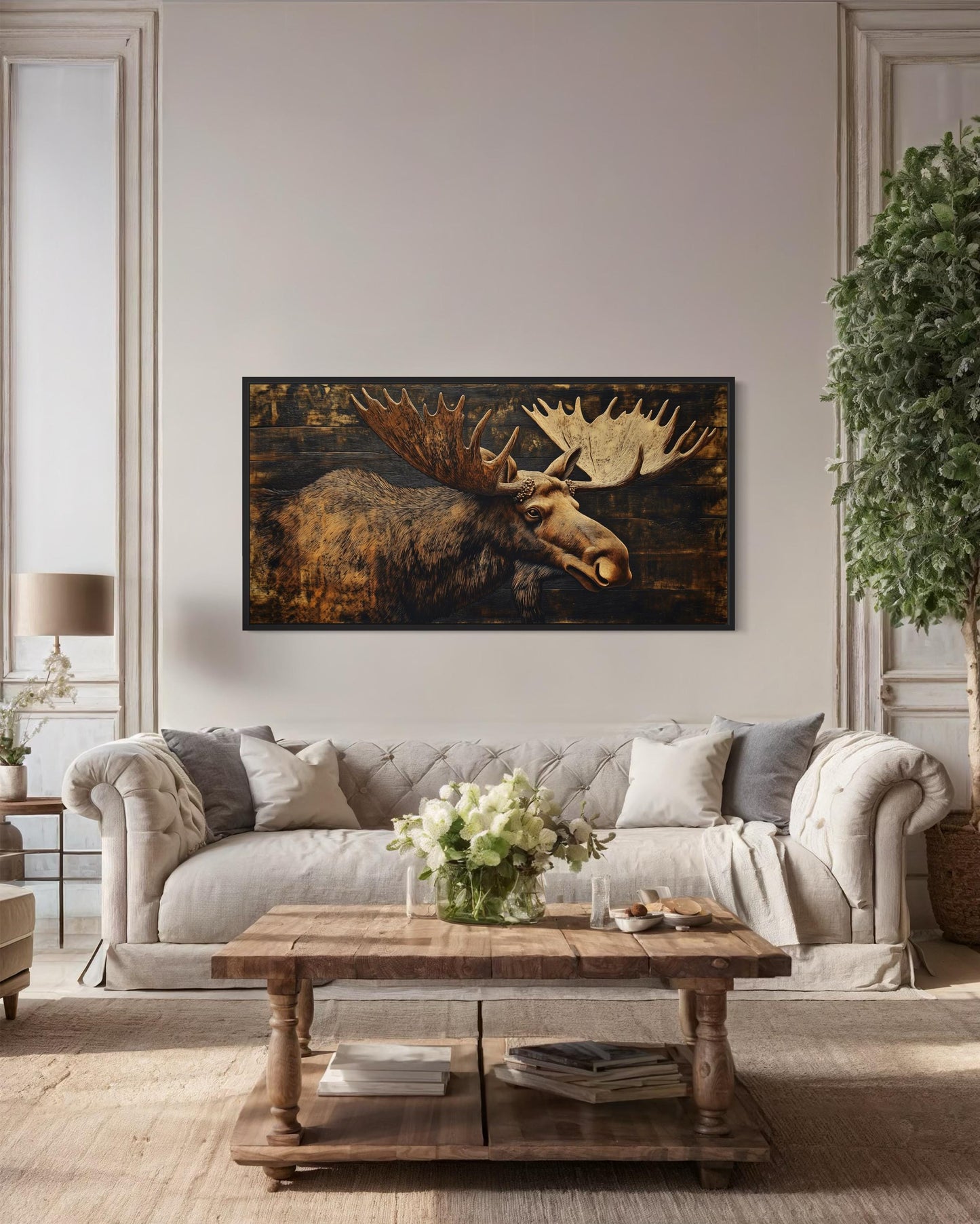 Moose Painted on Dark Wood Framed Canvas Wall Art