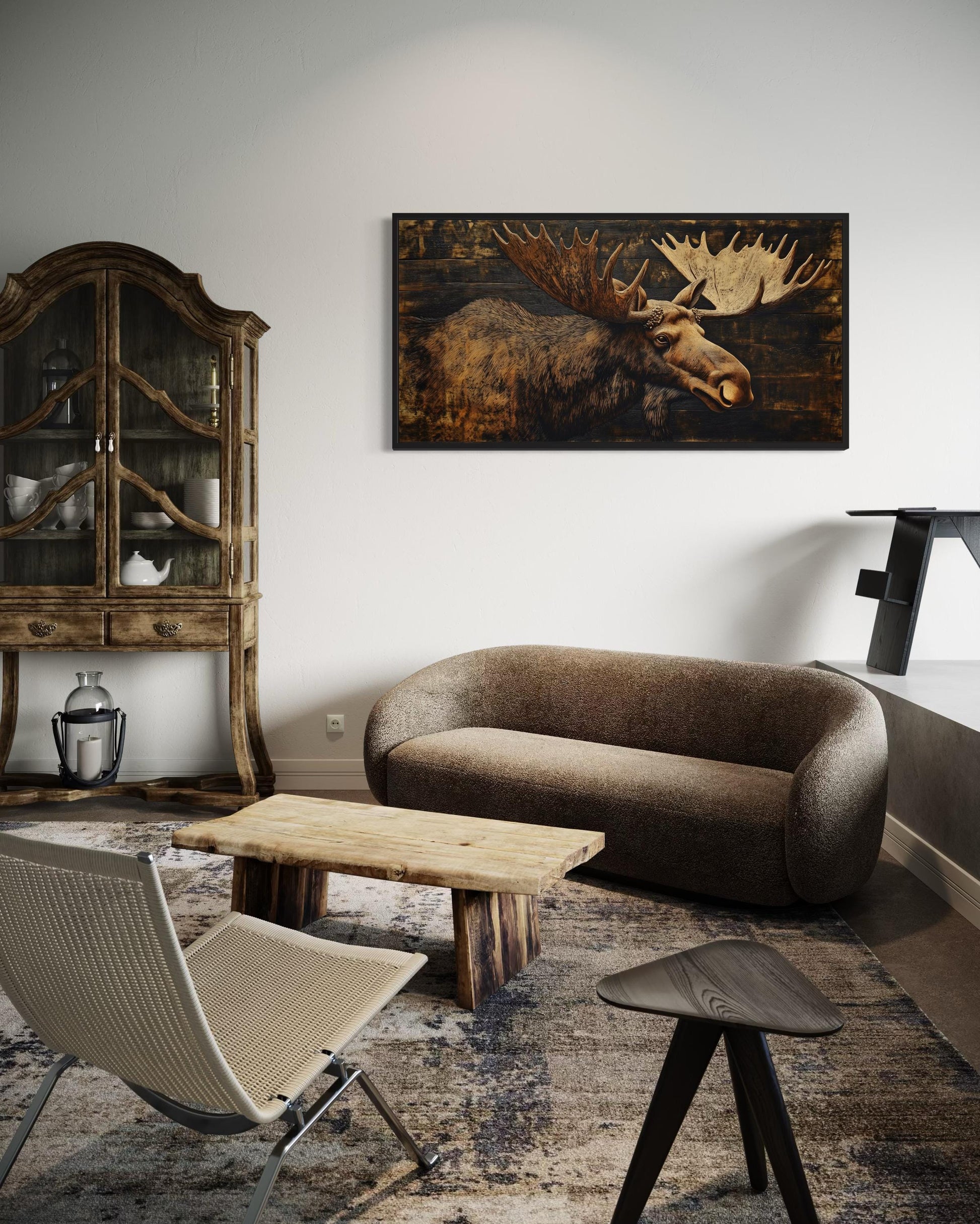 Moose Painted on Dark Wood Framed Canvas Wall Art