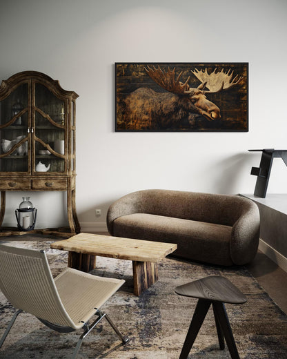 Moose Painted on Dark Wood Framed Canvas Wall Art