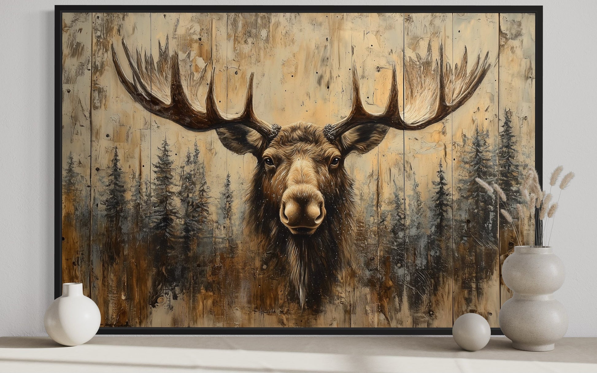 Moose Portrait On Wood Rustic Framed Canvas Wall Art For Cabin Decor