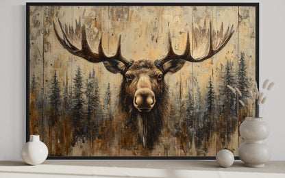 Moose Portrait On Wood Rustic Framed Canvas Wall Art For Cabin Decor