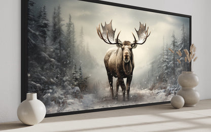 Moose Wall Art – Framed Canvas Print | Rustic Winter Forest Cabin Decor