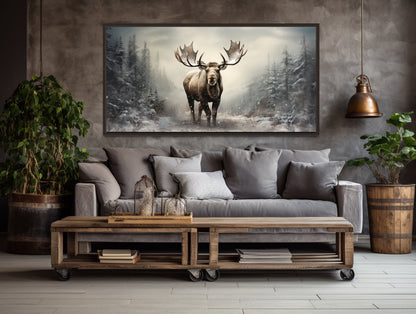 Moose Wall Art – Framed Canvas Print | Rustic Winter Forest Cabin Decor