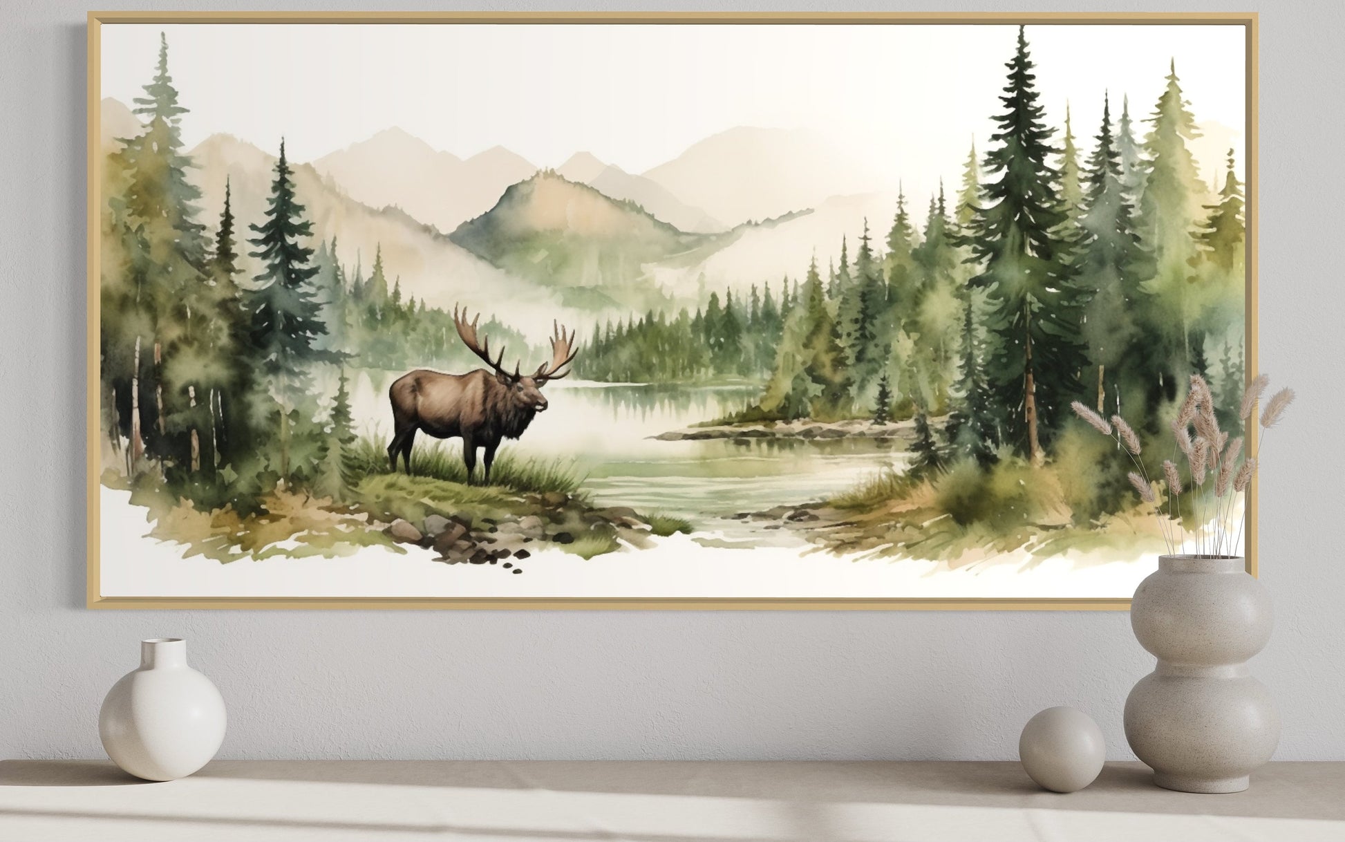 Moose In Wilderness Watercolor Framed Canvas Wall Art For Cabin Decor