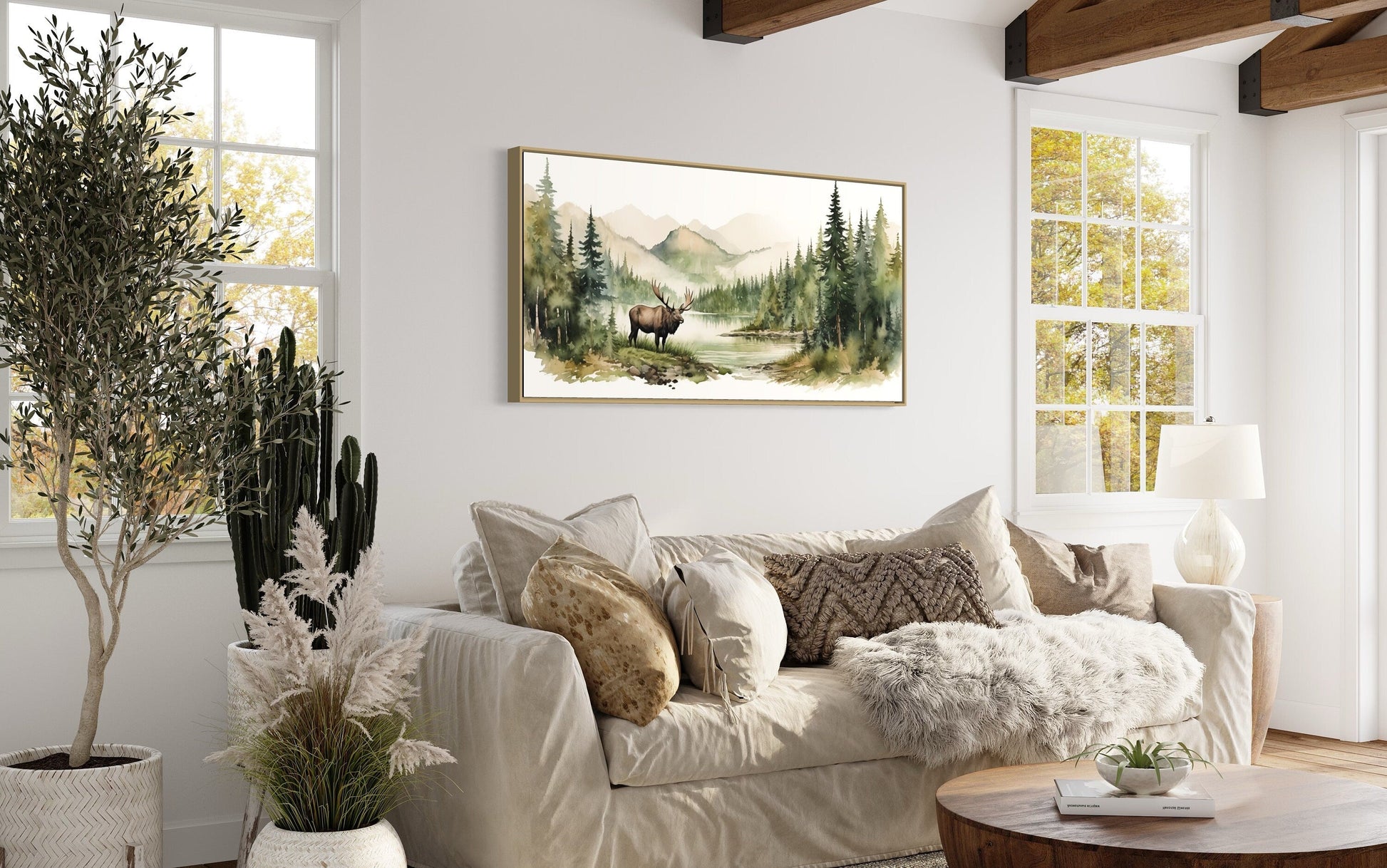 Moose In Wilderness Watercolor Framed Canvas Wall Art For Cabin Decor