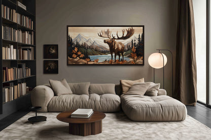 Moose Wall Art - Rustic Wood Panel Framed Canvas for Mountain Lodge Decor