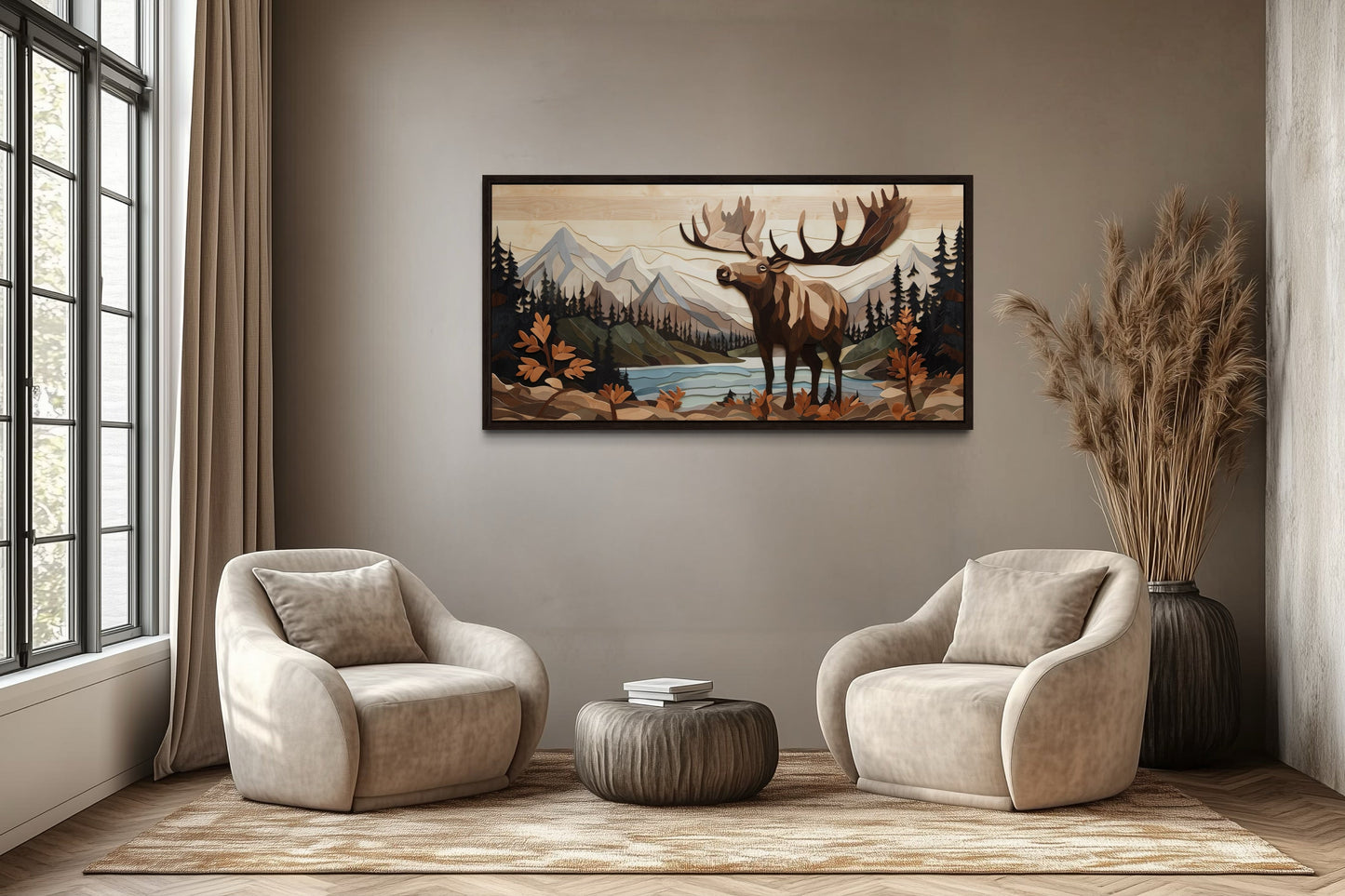 Moose Wall Art - Rustic Wood Panel Framed Canvas for Mountain Lodge Decor