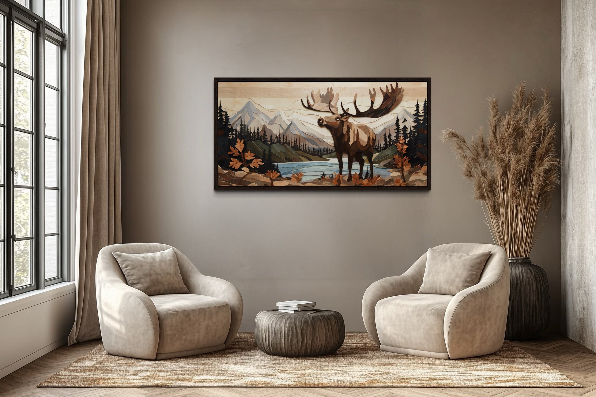 Moose Wall Art - Rustic Wood Panel Framed Canvas for Mountain Lodge Decor