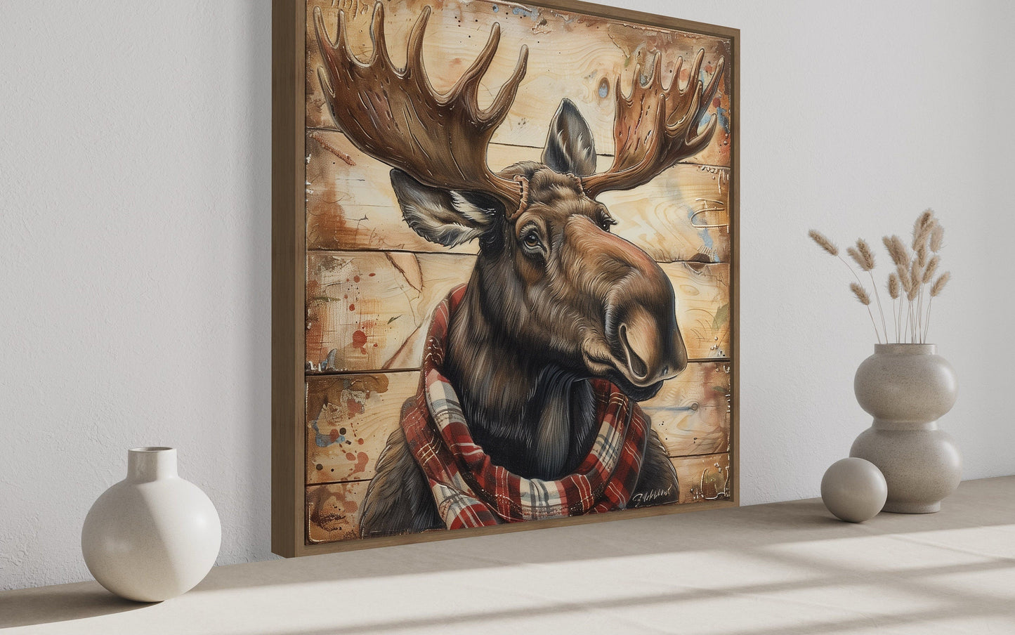 Moose With Red Scarf Painting on Weathered Wood Canvas Print