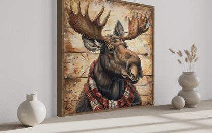 Moose With Red Scarf Painting on Weathered Wood Canvas Print