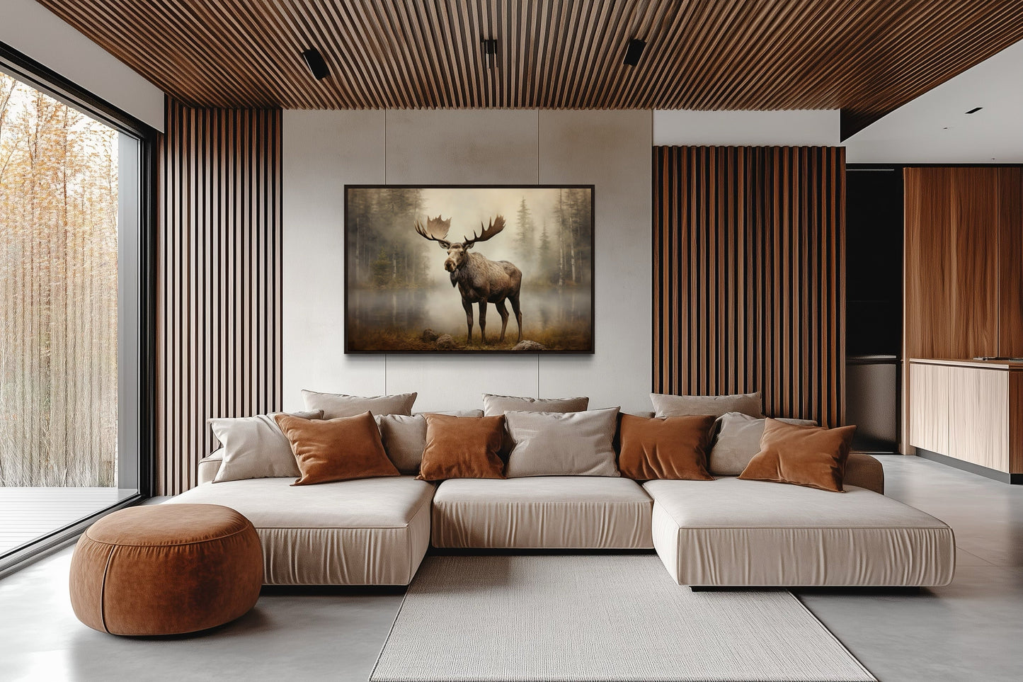 Moose in Foggy Forest Framed Canvas Wall Art For Cabin Decor