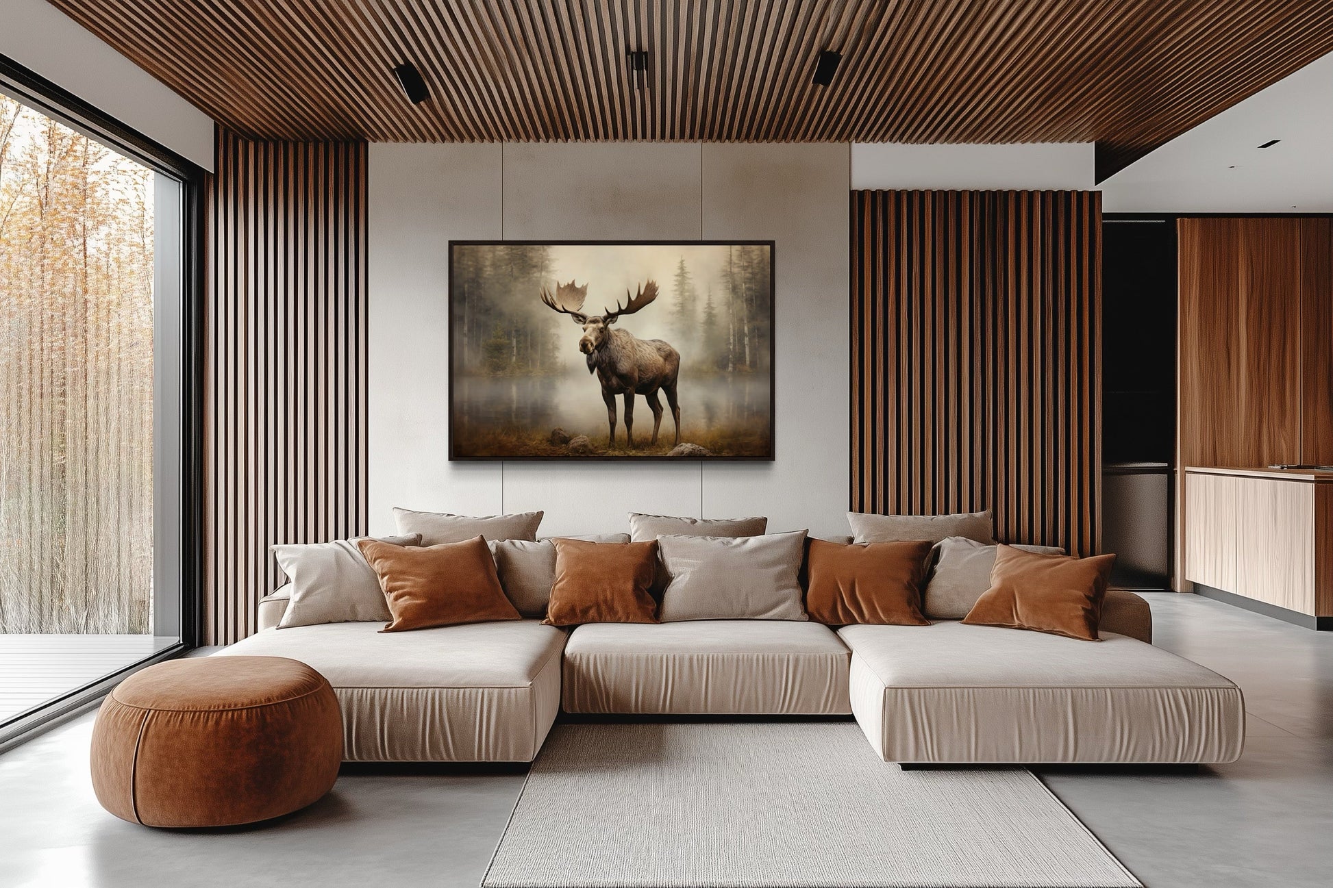 Moose in Foggy Forest Framed Canvas Wall Art For Cabin Decor