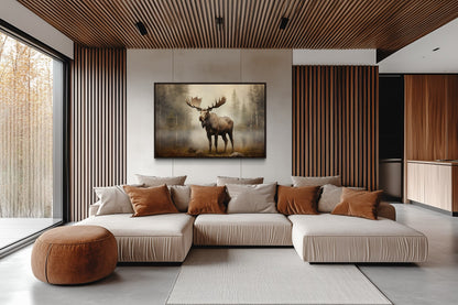 Moose in Foggy Forest Framed Canvas Wall Art For Cabin Decor