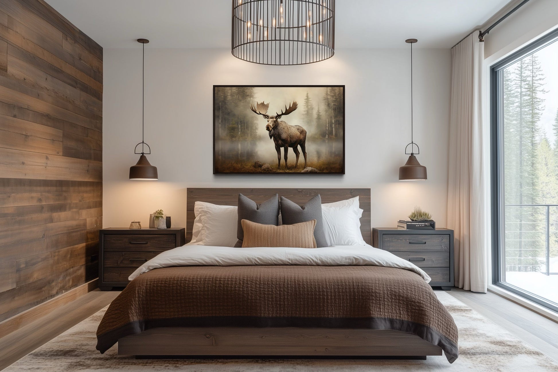 Moose in Foggy Forest Framed Canvas Wall Art For Cabin Decor