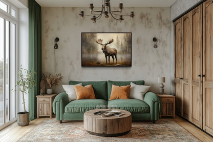 Moose in Foggy Forest Framed Canvas Wall Art For Cabin Decor