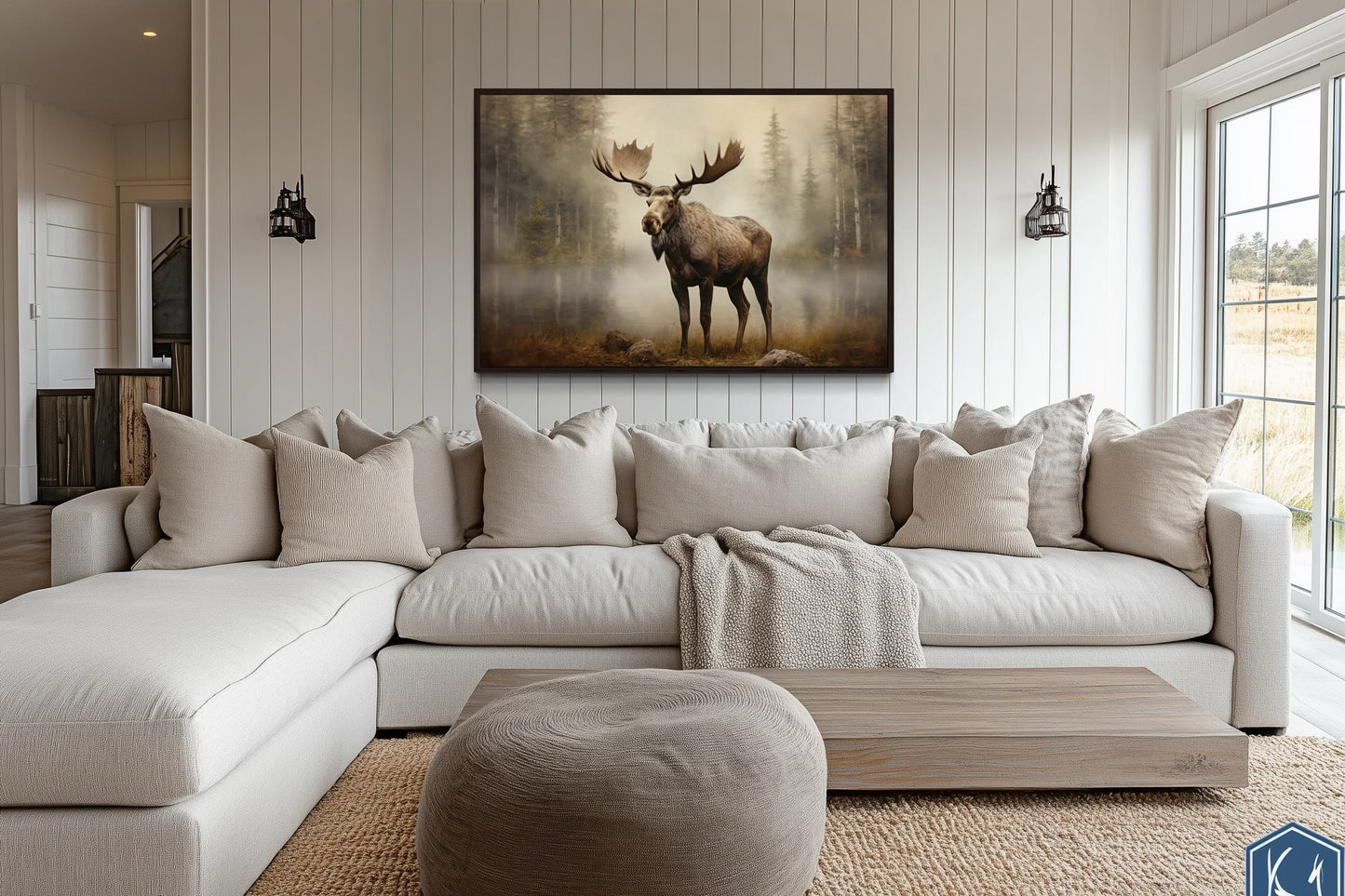 Moose in Foggy Forest Framed Canvas Wall Art For Cabin Decor