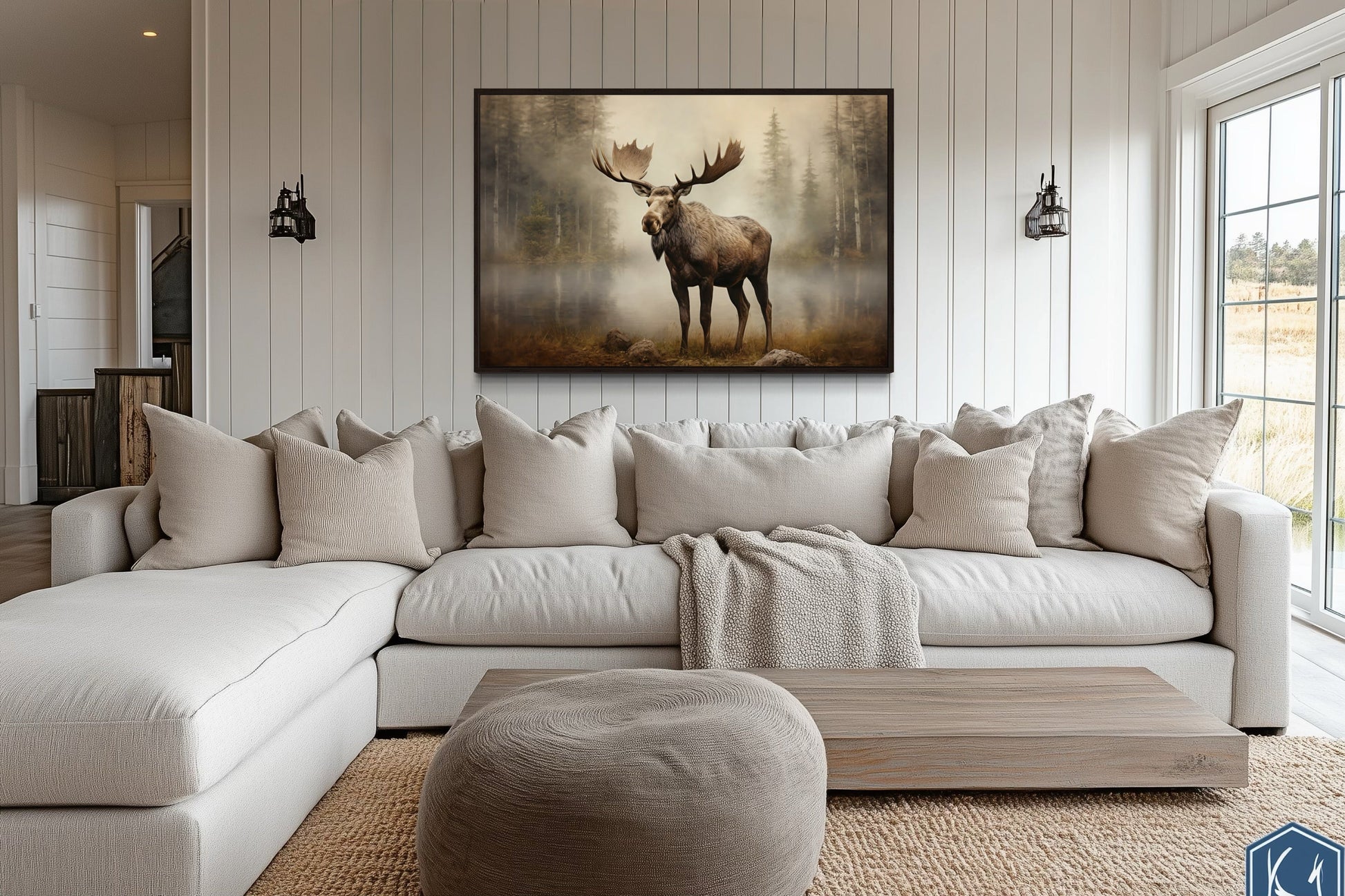 Moose in Foggy Forest Framed Canvas Wall Art For Cabin Decor