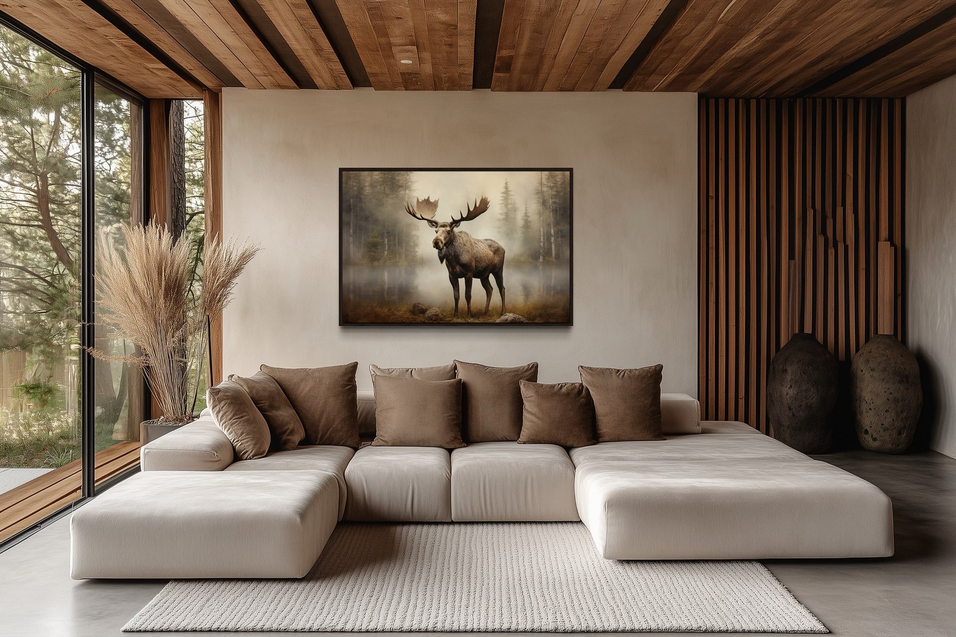 Moose in Foggy Forest Framed Canvas Wall Art For Cabin Decor