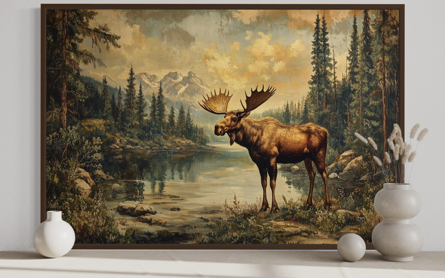 Moose in Mountain Wilderness Vintage Framed Canvas Wall Art