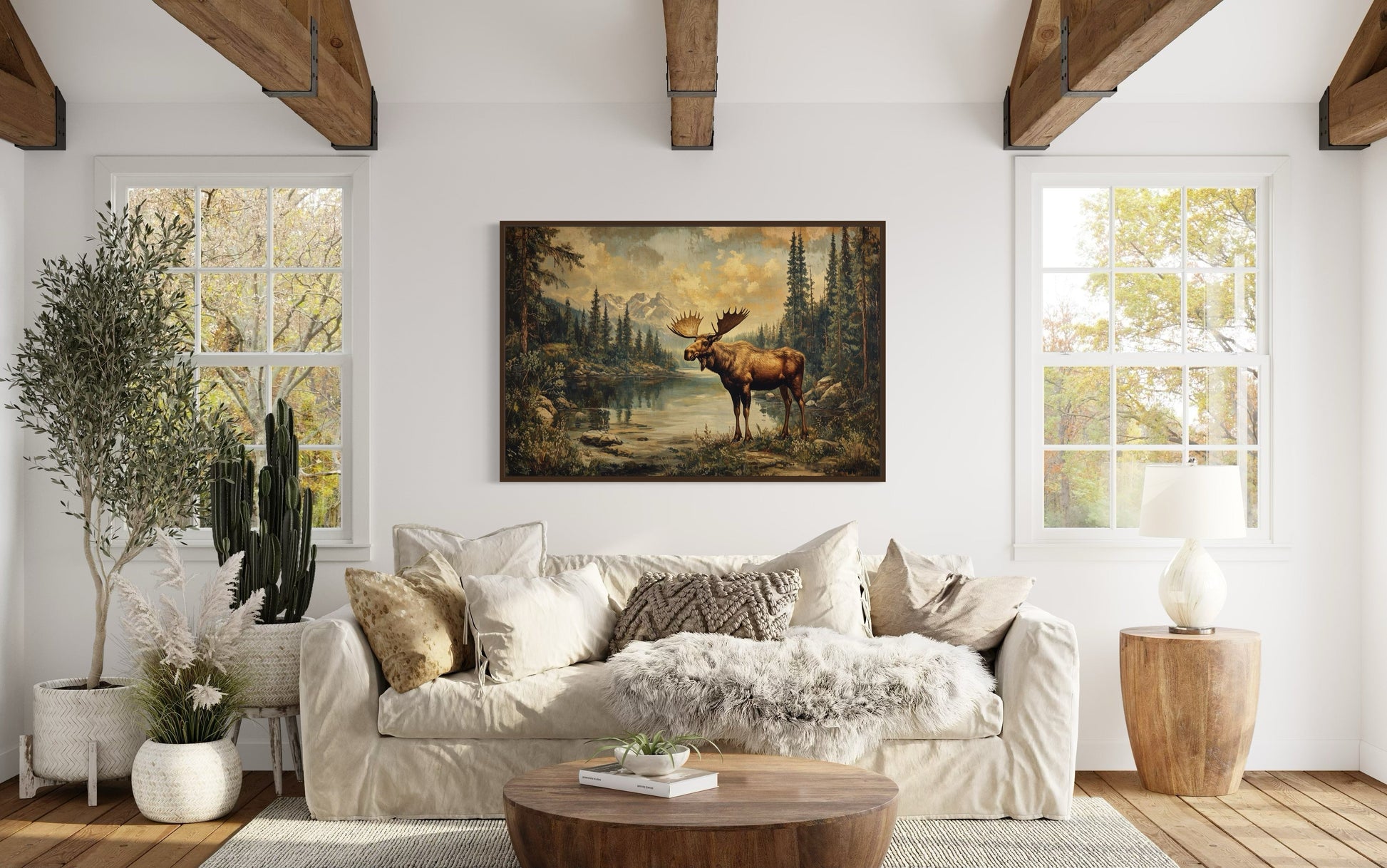 Moose in Mountain Wilderness Vintage Framed Canvas Wall Art