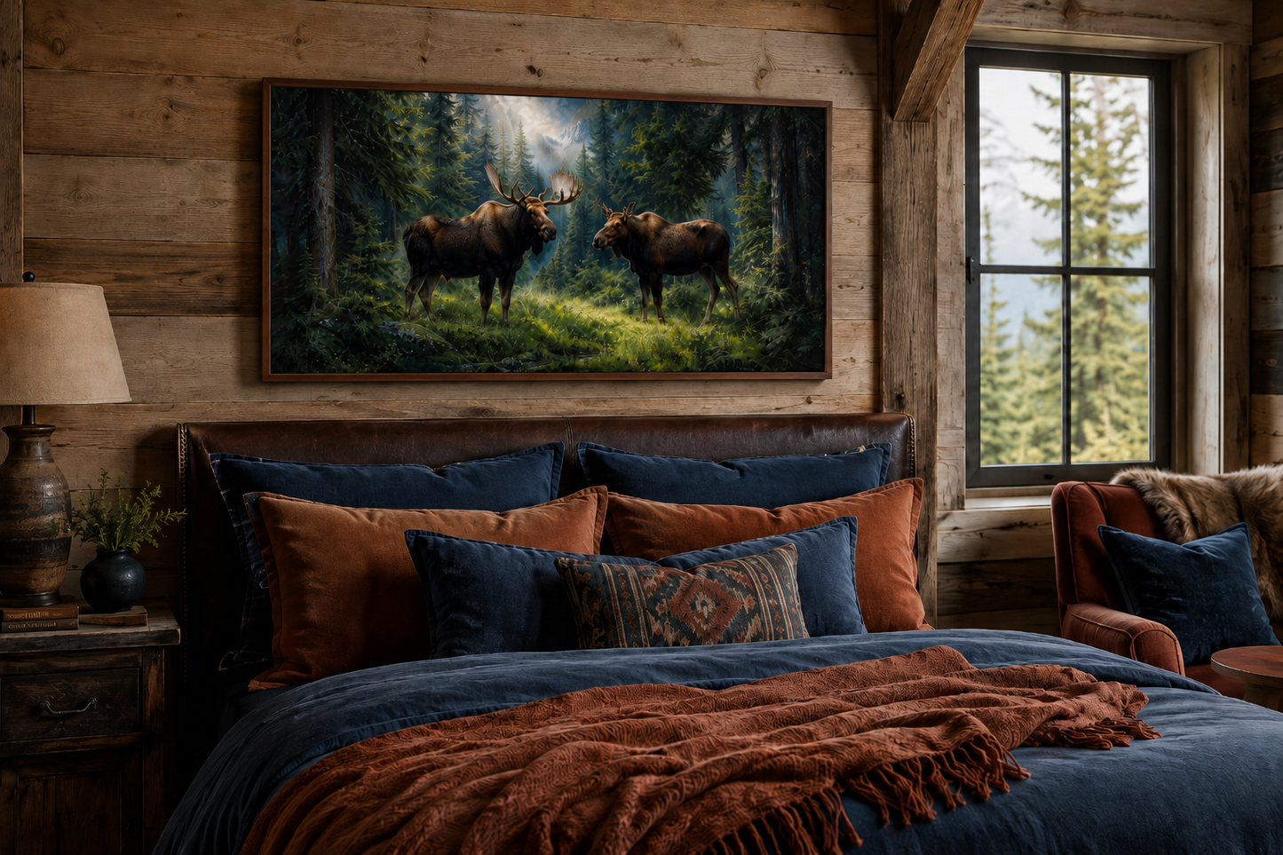 Moose Couple Framed Canvas Wall Art For Cabin Decor