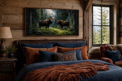 Moose Couple Framed Canvas Wall Art For Cabin Decor