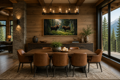 Moose Couple Framed Canvas Wall Art For Cabin Decor