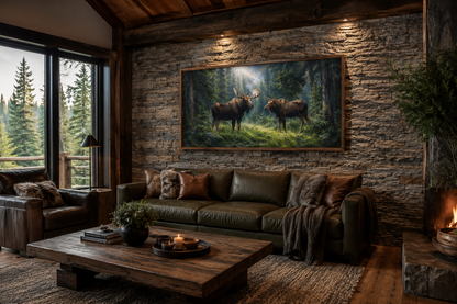 Moose Couple Framed Canvas Wall Art For Cabin Decor