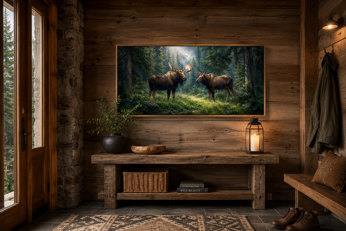 Moose Couple Framed Canvas Wall Art For Cabin Decor