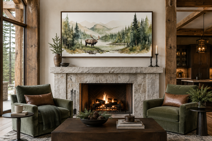 Moose In Wilderness Watercolor Framed Canvas Wall Art For Cabin Decor