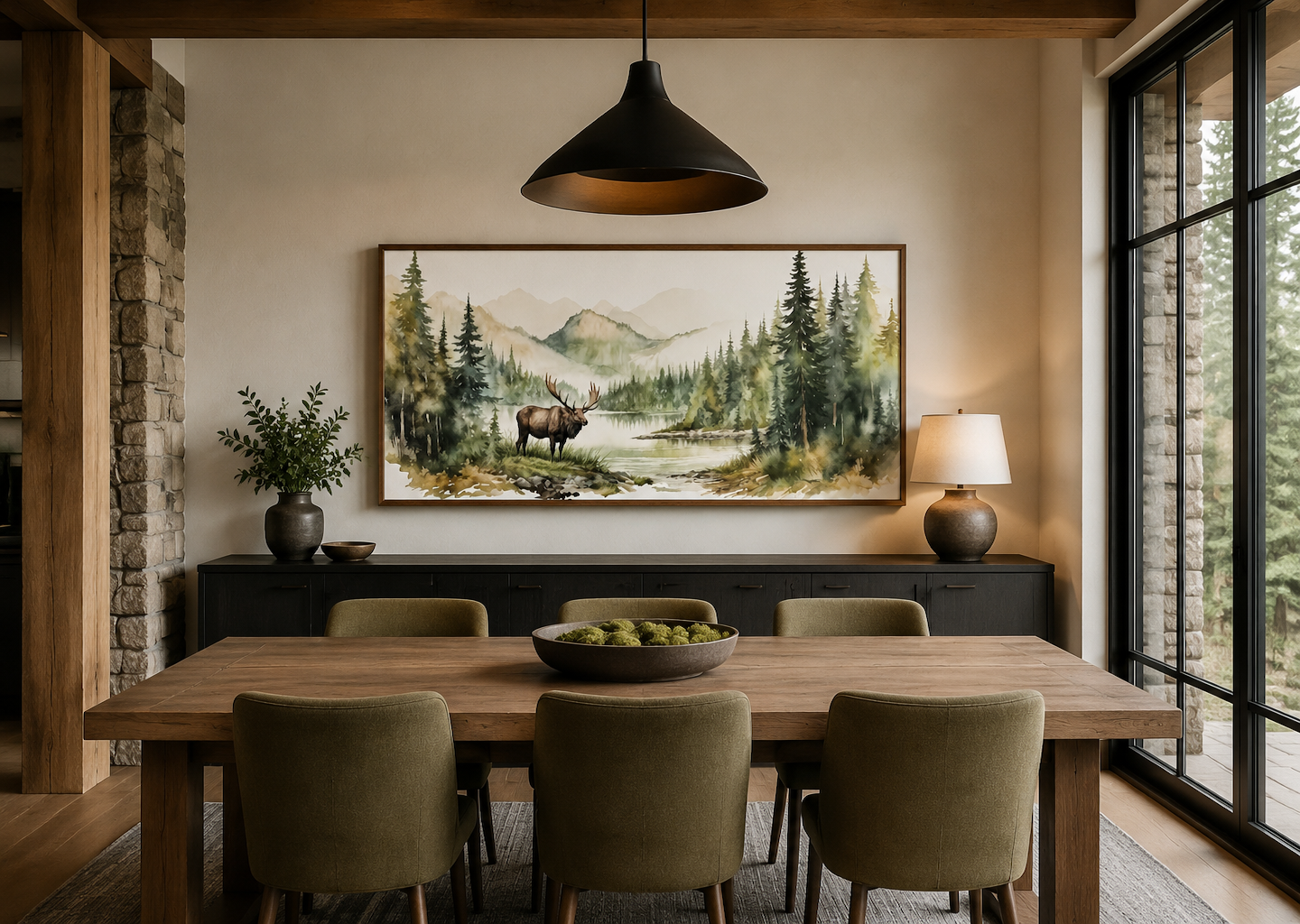 Moose In Wilderness Watercolor Framed Canvas Wall Art For Cabin Decor