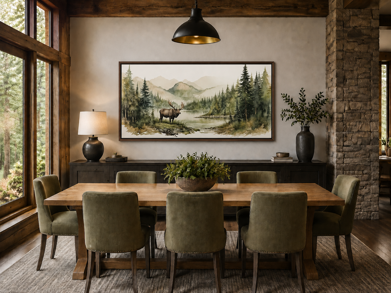 Moose In Wilderness Watercolor Framed Canvas Wall Art For Cabin Decor