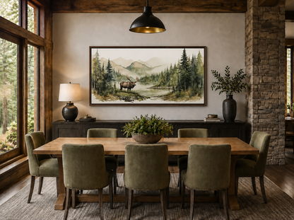 Moose In Wilderness Watercolor Framed Canvas Wall Art For Cabin Decor