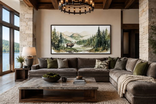 Moose In Wilderness Watercolor Framed Canvas Wall Art For Cabin Decor