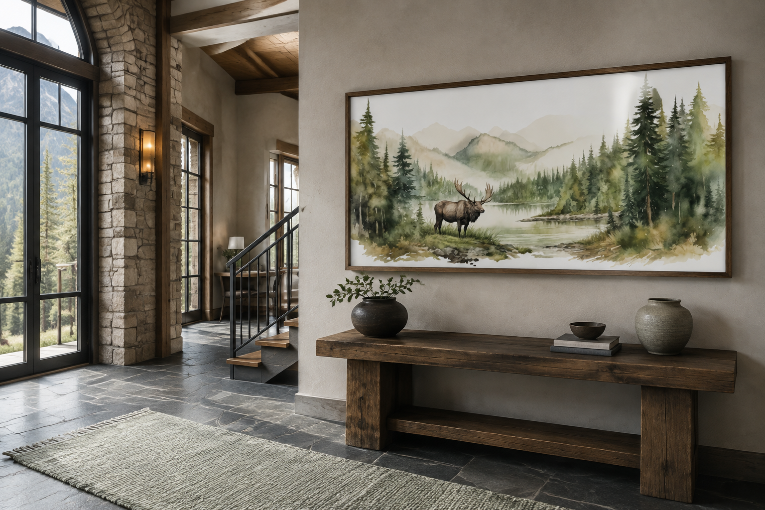 Moose In Wilderness Watercolor Framed Canvas Wall Art For Cabin Decor