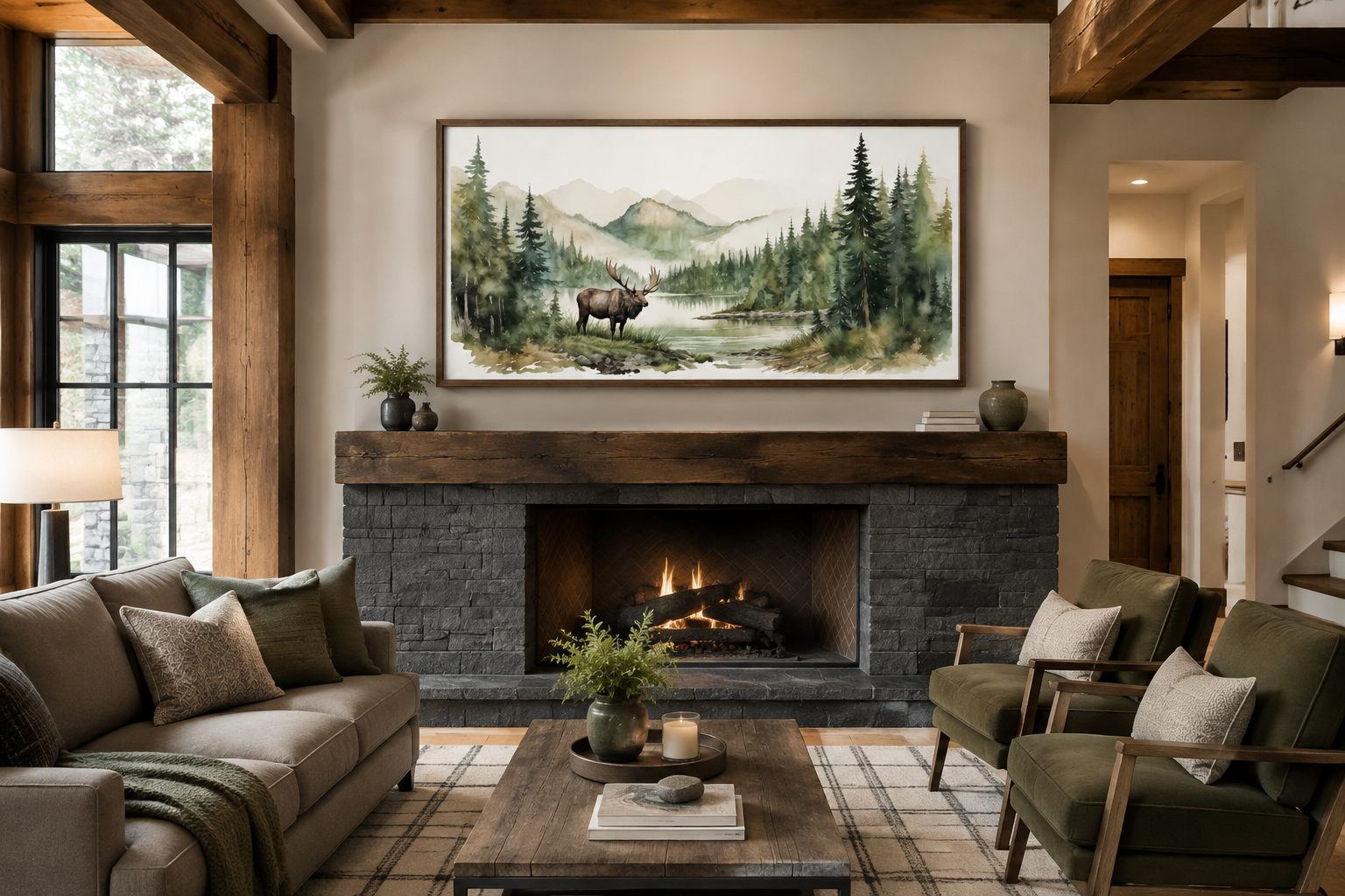 Moose In Wilderness Watercolor Framed Canvas Wall Art For Cabin Decor