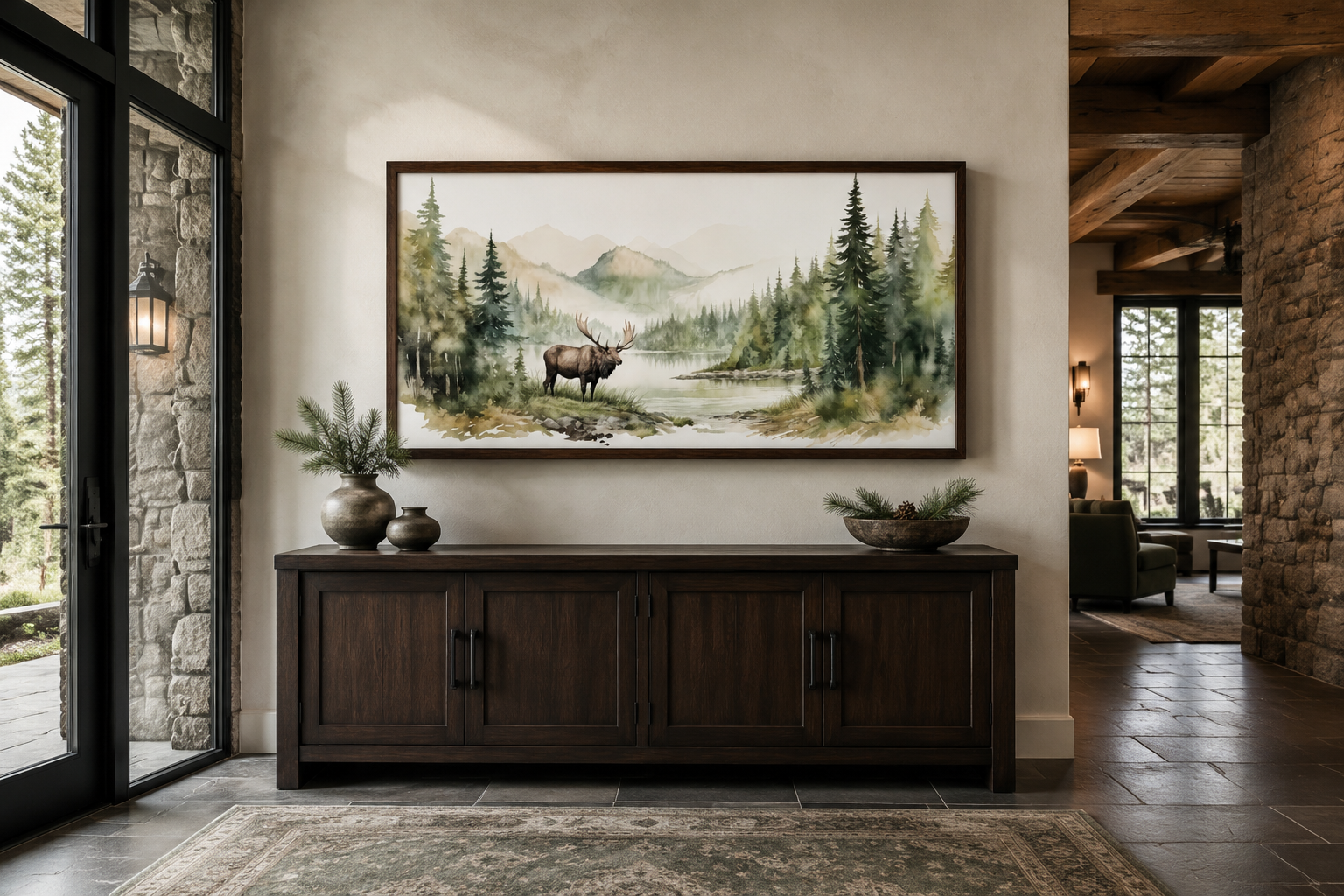 Moose In Wilderness Watercolor Framed Canvas Wall Art For Cabin Decor