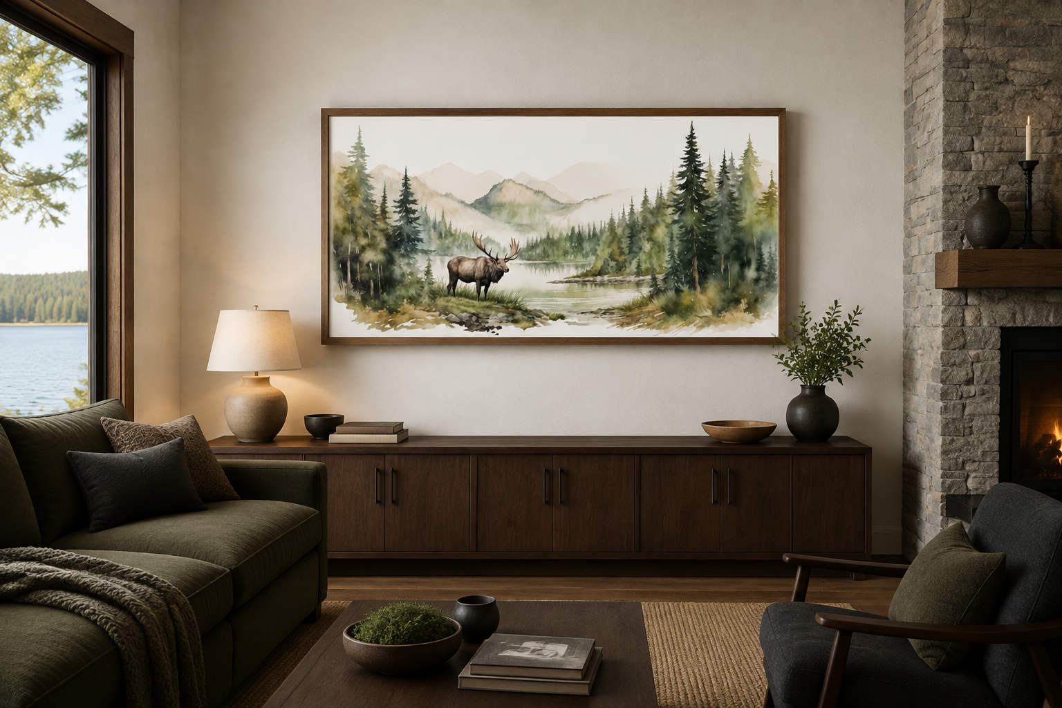 Moose In Wilderness Watercolor Framed Canvas Wall Art For Cabin Decor