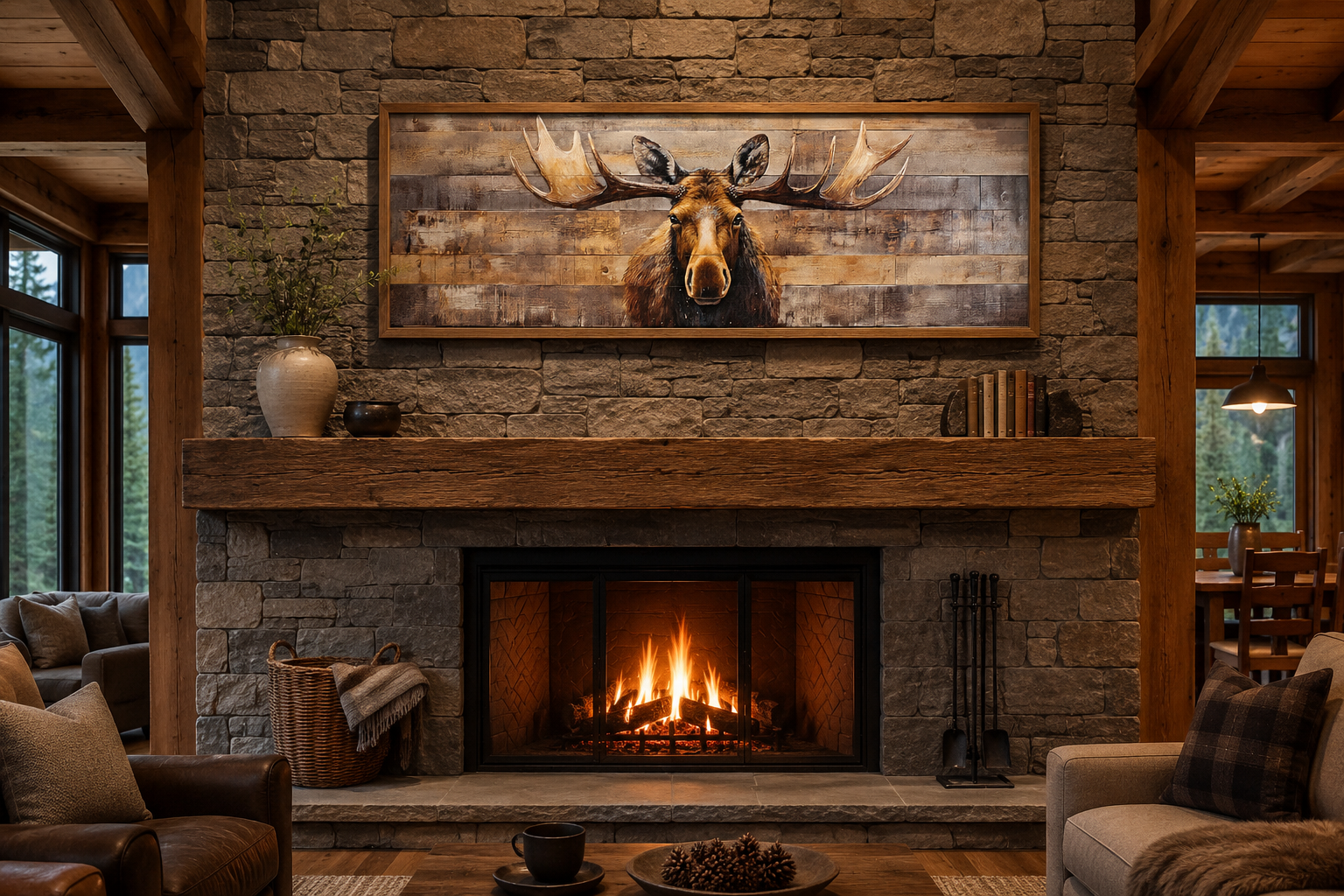 Moose Painted On Wood Rustic Horizontal Framed Canvas Wall Art For Cabin Above Bed Decor