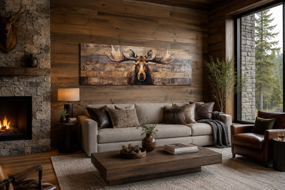 Moose Painted On Wood Rustic Horizontal Framed Canvas Wall Art For Cabin Above Bed Decor