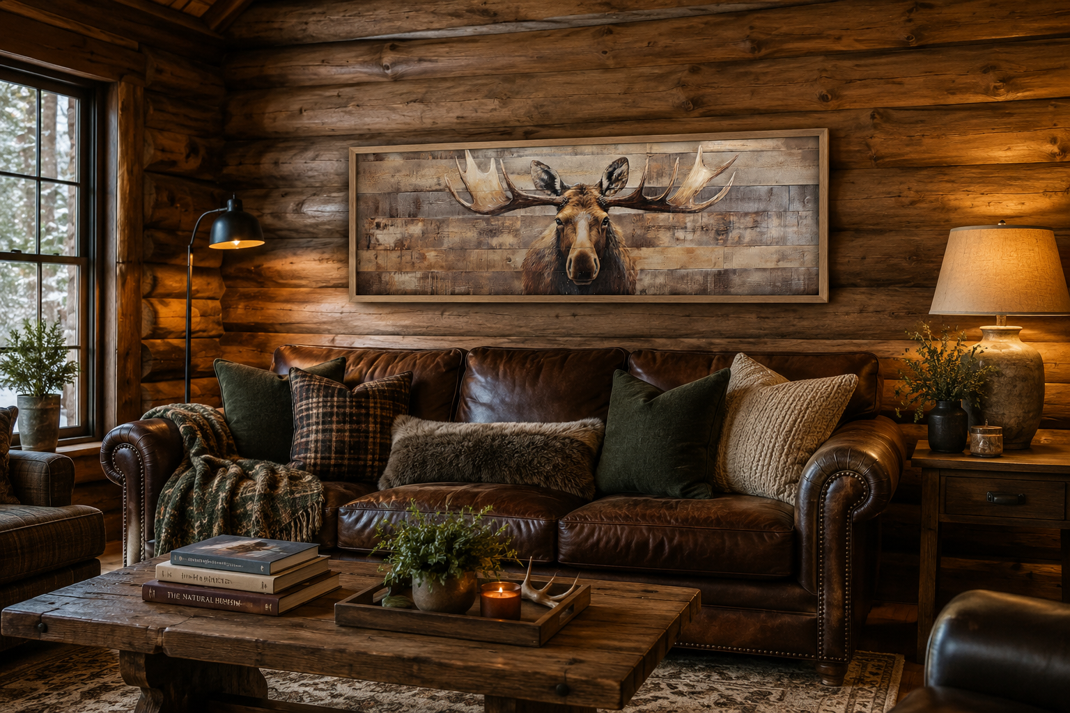 Moose Painted On Wood Rustic Horizontal Framed Canvas Wall Art For Cabin Above Bed Decor