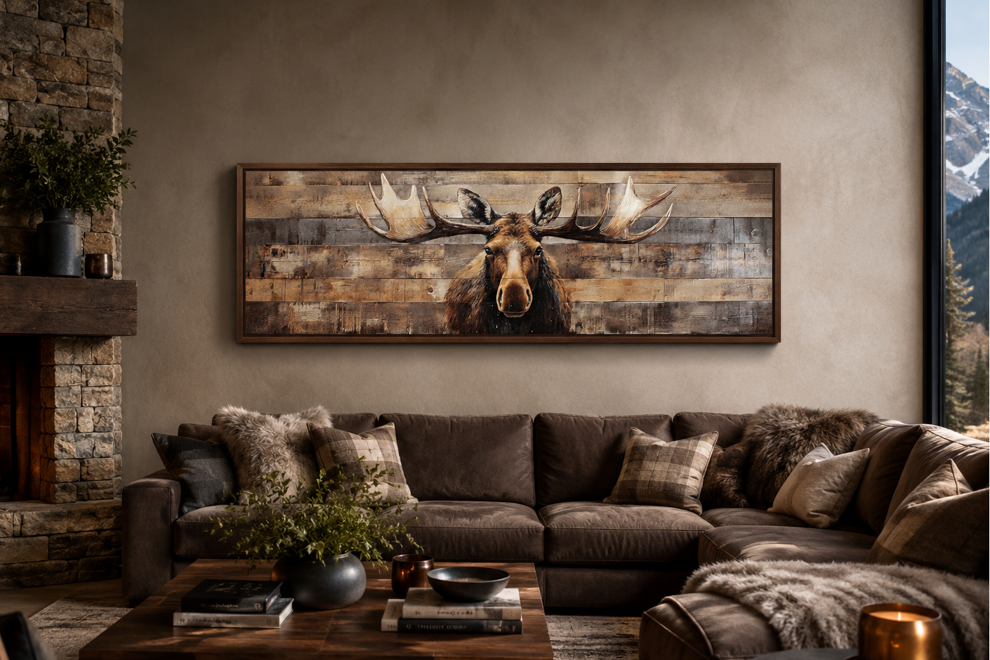 Moose Painted On Wood Rustic Horizontal Framed Canvas Wall Art For Cabin Above Bed Decor