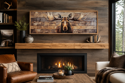 Moose Painted On Wood Rustic Horizontal Framed Canvas Wall Art For Cabin Above Bed Decor