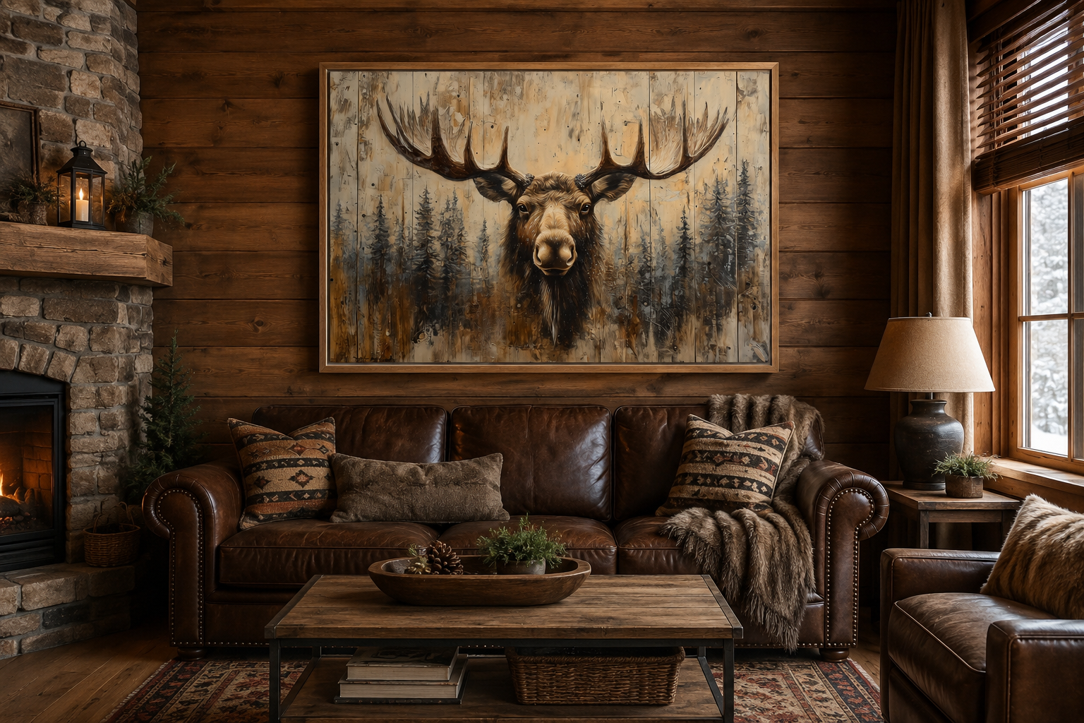 Moose Portrait On Wood Rustic Framed Canvas Wall Art For Cabin Decor